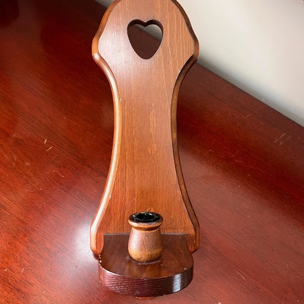 Vtg Wooden heart Wall Sconce Blue Glass Hurricane Shade Farmhouse Candle Holder